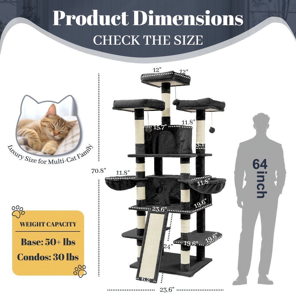 Large Multi-Level Cat Tree Tower – 68 – 81 Inch Tall Cat Condo with 2 Condos, 3 Plush Perches, Scratching Posts & Cat Hair Brush - product image 2