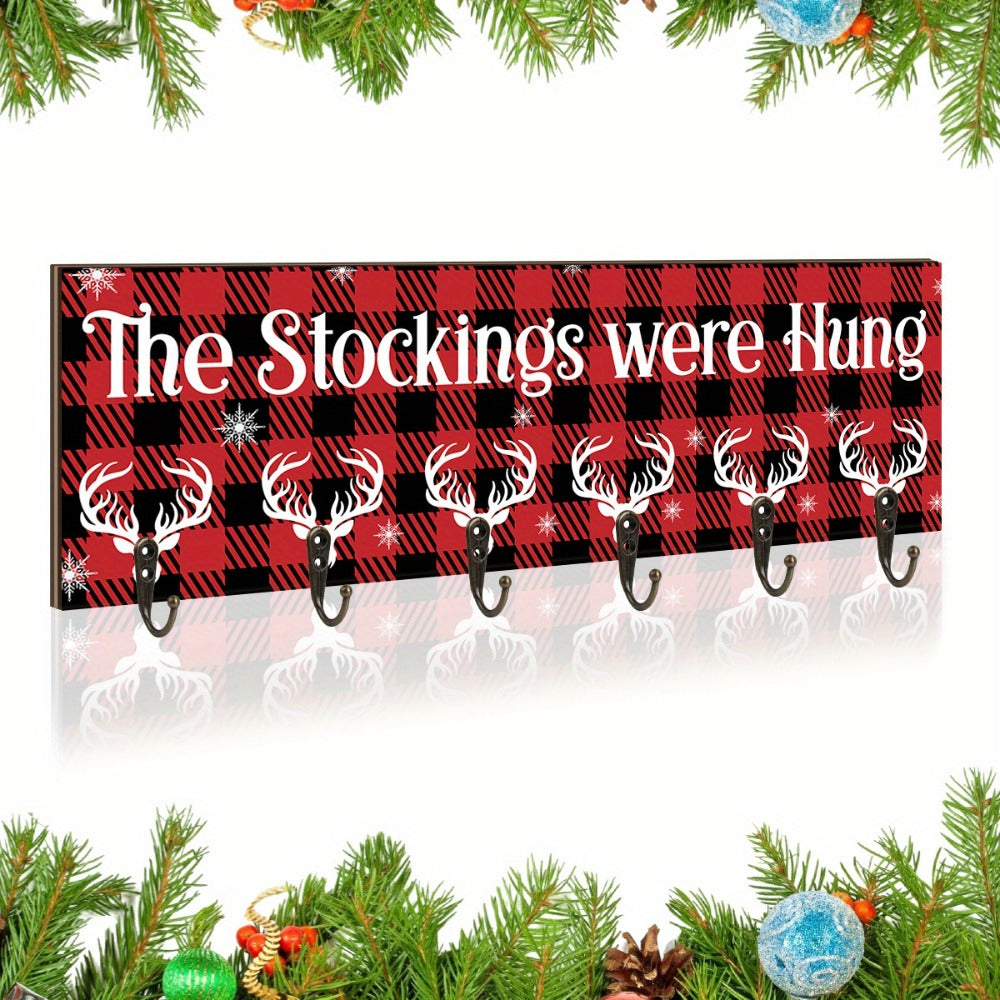 Christmas Stocking Holder with 6 Hooks – Wooden Sign Wall Rack with Snowflake Design & "The Stockings Were Hung" Quote, Santa Claus Mantel Hanger for Holiday Fireplace Decor - product image 2