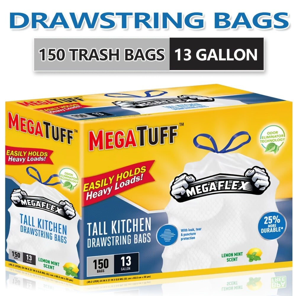 Drawstring Trash Bags 13 Gallon, 150 Count Tall Kitchen Garbage Bags, Puncture & Tear Resistant, Odor Eliminator Technology, Lemon Mint Fresh Scent, Disposable Drawstring Waste Bag - product image 2