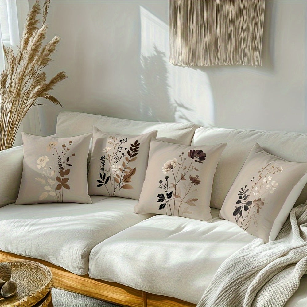 Throw Pillow Covers 18x18 Set of 4 - Floral Botanical Square Cushion Cases Beige Brown Gray | Zipper Closure Machine Washable Decorative Pillows for Living Room Bedroom Sofa Couch  - product image 3