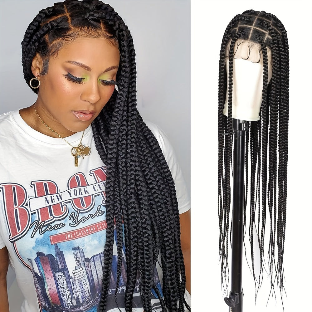 Curly Braid Full Lace Wig 40 Inch Handmade Lace Frontal Natural Black Extra Long Cascading Braids Protective Style for Women | Special Events Weddings Parties - product image