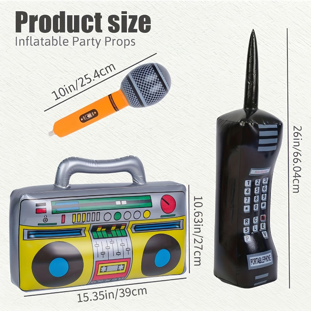 80s Hip Hop Theme Birthday Decorations for Graduation, Back to School, School Dance, DJ & Music Themed Party Supplies – Inflatable Party Props 3 Pcs Blow Up Boombox Microphone & Retro Phone