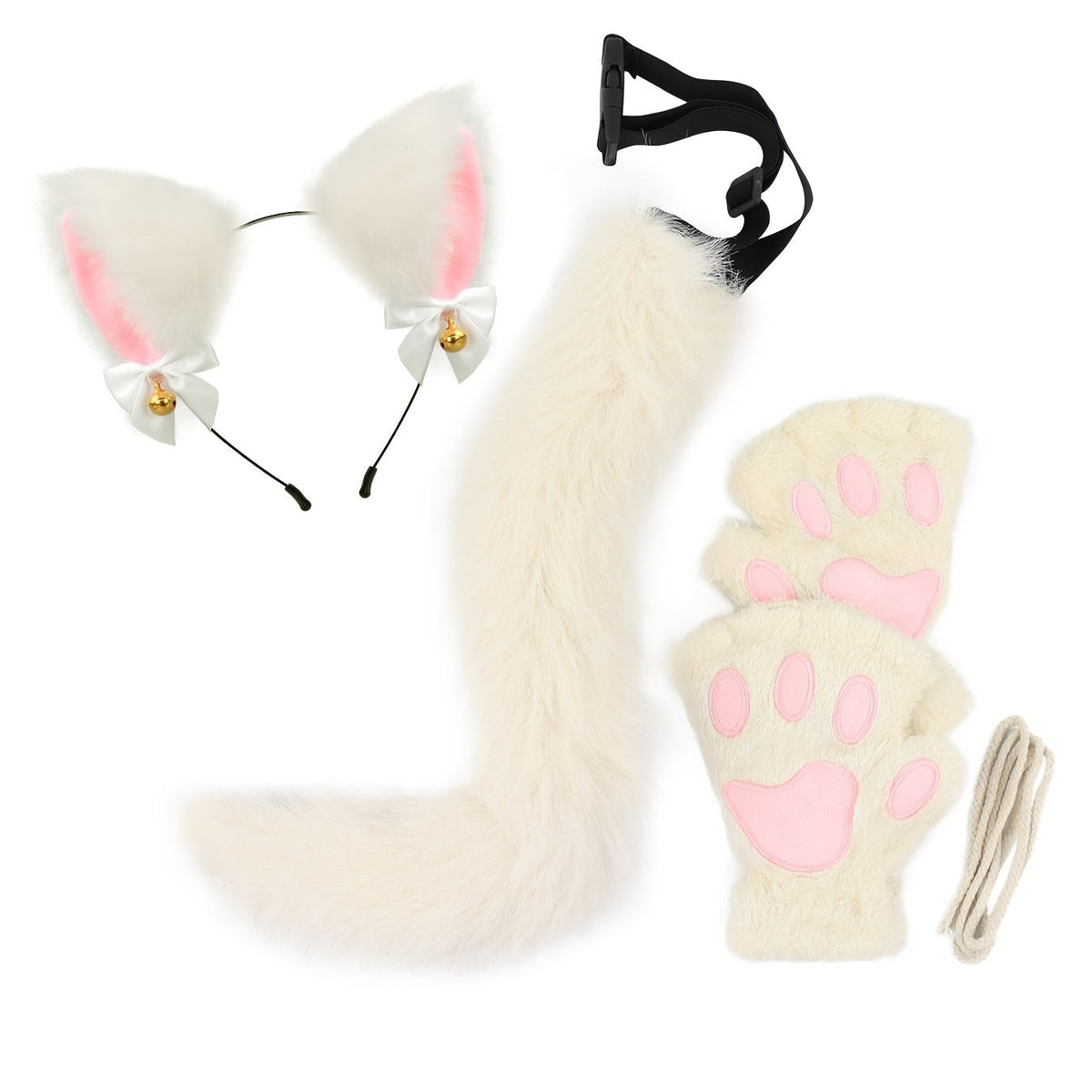 Bell Ear Headband, Plush Paw Gloves & Adjustable Tail for Halloween, Cosplay, Role Play & Stage Performances, Cute Gift for Women Girls, Grey White Brown Pink | Cat Costume Set 3 Piece