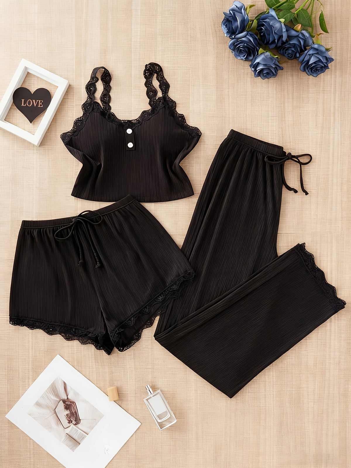 Random Delivery, 3pcs Plus Size Ladies Four Seasons Sexy Lace Suspender Home Service Suit (including Trousers, Shorts and Vest), Black-burgundy-grayish Blue - product image 5