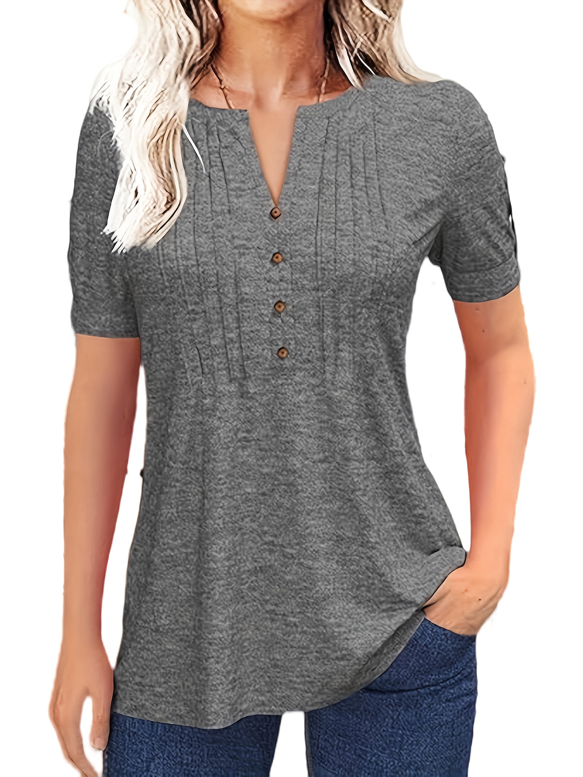 Casual Short-Sleeve T-Shirt for Women, Featuring a Pleated Design and V-Neck in Solid Colors, Perfect for Summer - product image 2