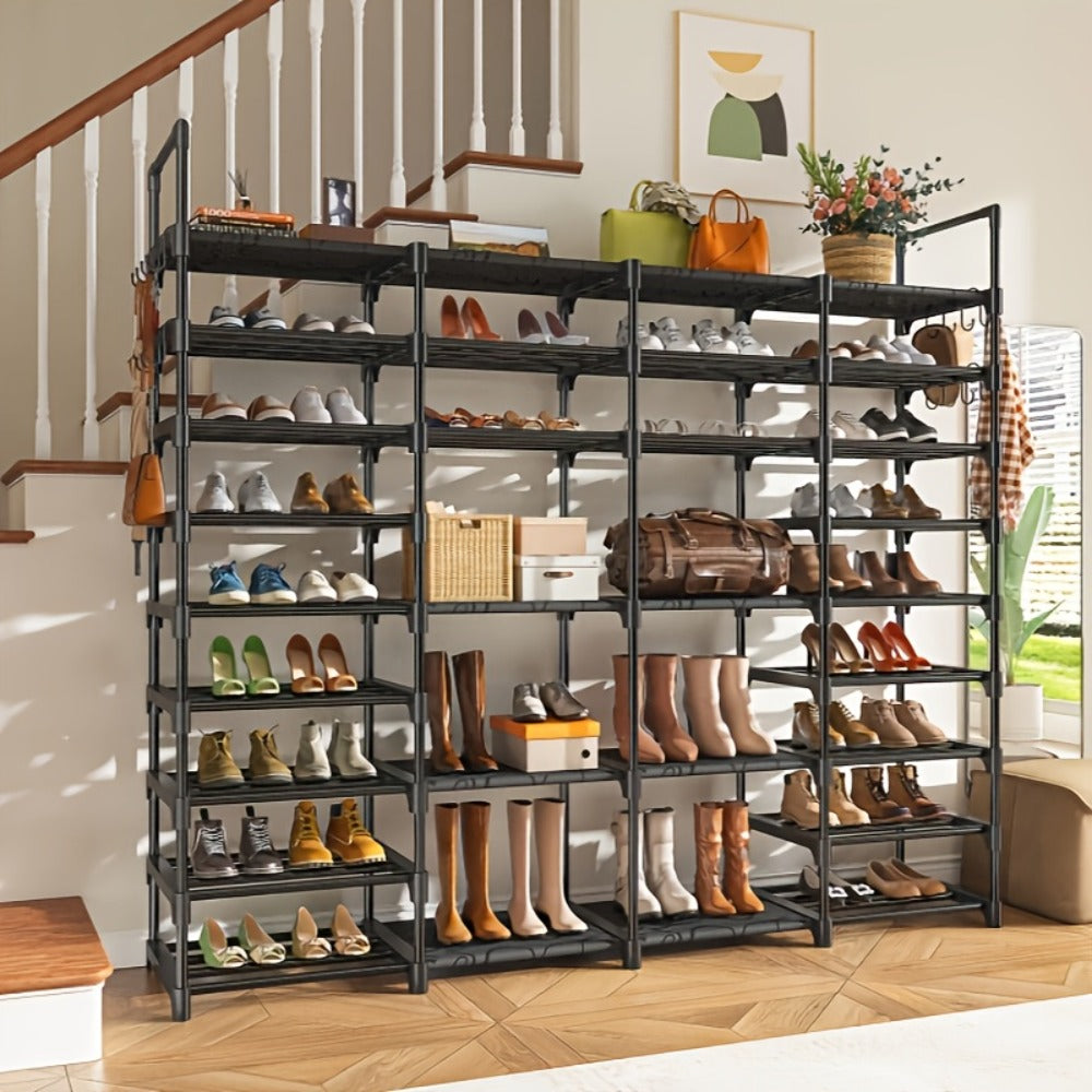 Large Metal Shoe Rack 4-Row 9-Tier Freestanding Shoe Organizer for Entryway Bedroom Hallway | 64-Pair Capacity Shoe Tower with Golden Tubes DIY Adjustable Shelves Space-Saving Vert - product image 13