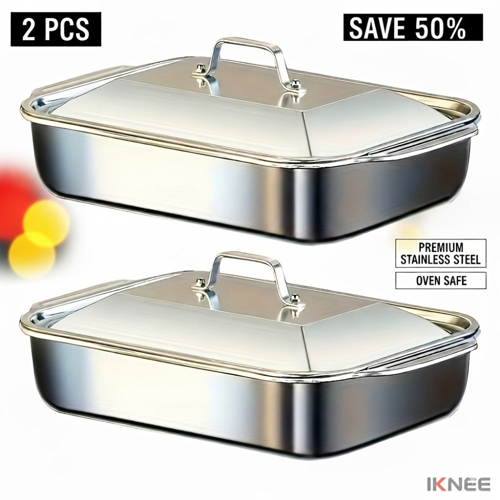 Stainless Steel Baking Pan Set 4-Piece – 2 Deep Roasting Pans & 2 Lidded Pans with Handles, 6-Liter Large Capacity 16.14" Rectangular Baking Pans for Lasagna, Fish, Chicken & Roast - product image 5