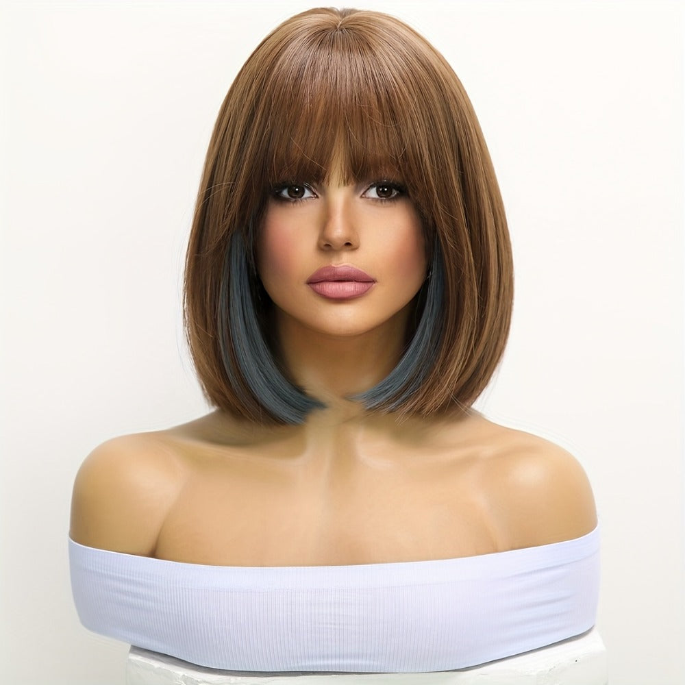 Rose Net Cap Synthetic Wig with Bangs 12 Inch Multi Color Breathable Soft Cap for Women | Light Yellow Gradient Brown Red Highlights Light Brown | Daily Wear Cosplay - product image 12