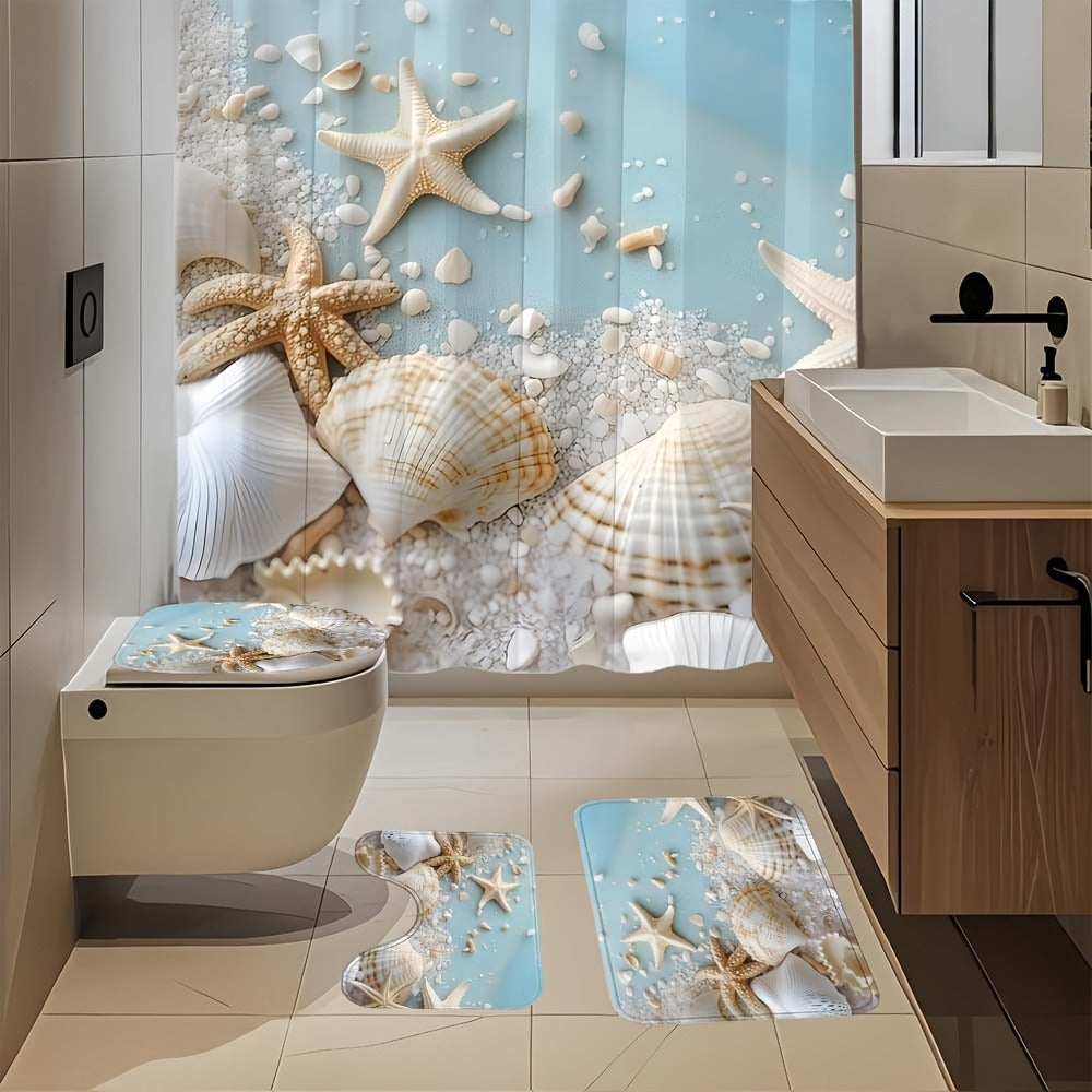 Shower Curtain Set Sea Star Shell Design Polyester with 12 Hooks Non-Slip Bath Mat U-Shaped Toilet Pad Lid Cover Bathroom Decor Set - product image