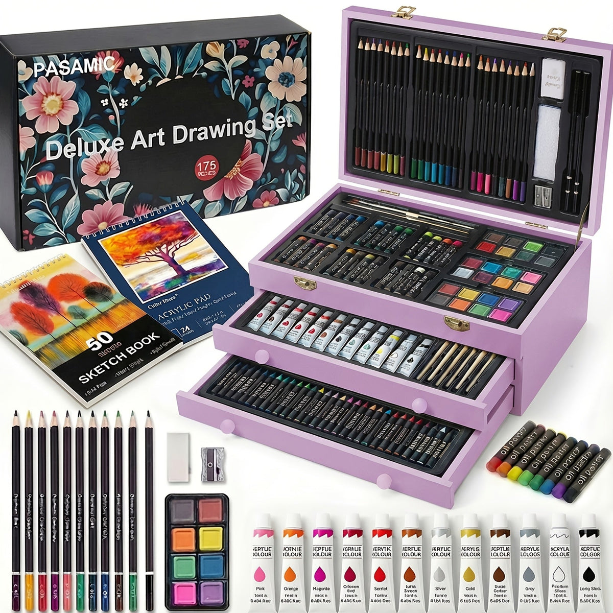 172 Piece Deluxe Art Set in Wooden Case with 2 Drawing Pads Crayons Acrylic Paints Colored Pencils Professional Art Kit Gift Box for Artists Beginners Ages 8+ Birthday Christmas for Festive Home Decor