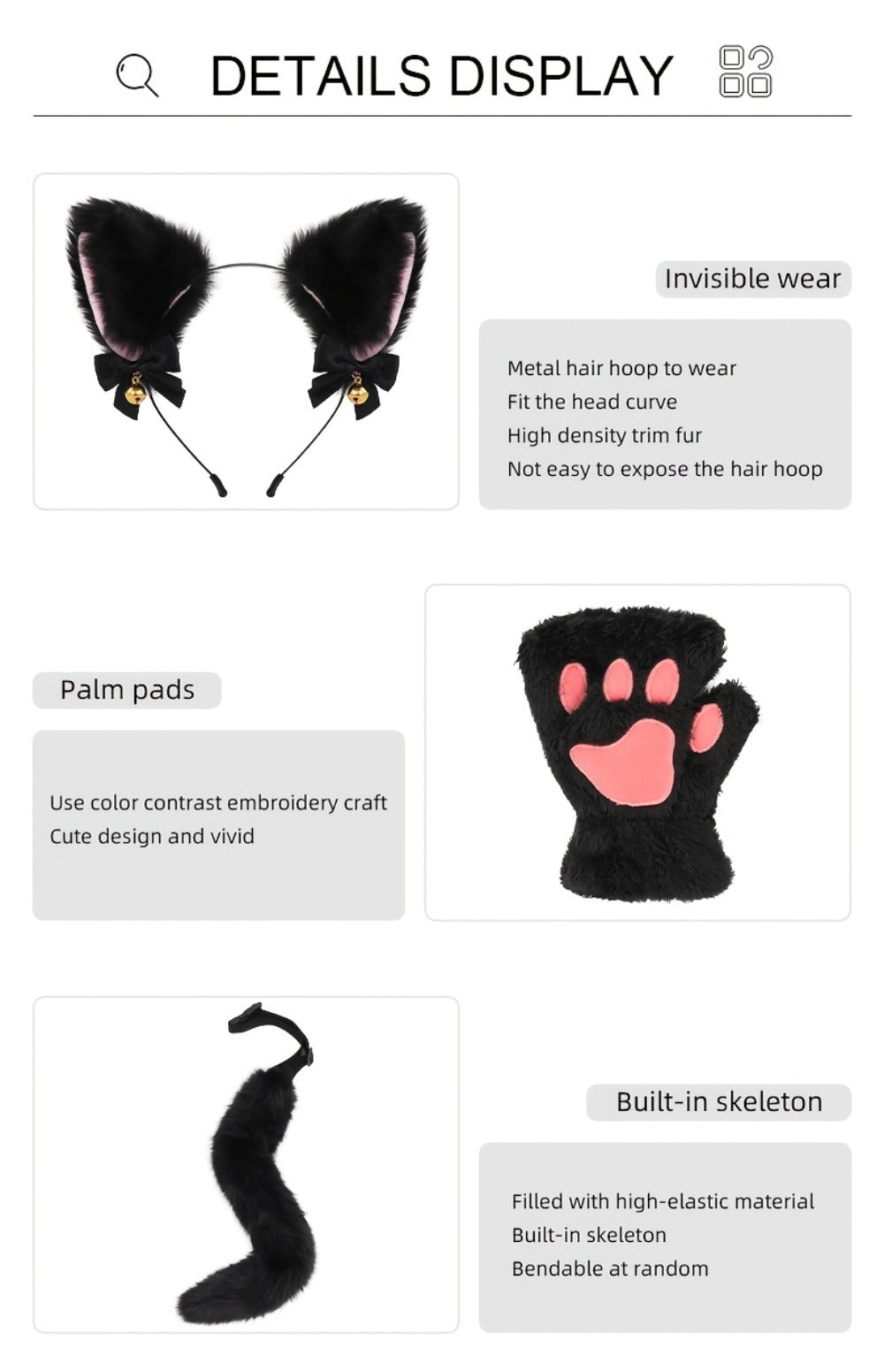 Bell Ear Headband, Plush Paw Gloves & Adjustable Tail for Halloween, Cosplay, Role Play & Stage Performances, Cute Gift for Women Girls, Grey White Brown Pink - product image 18