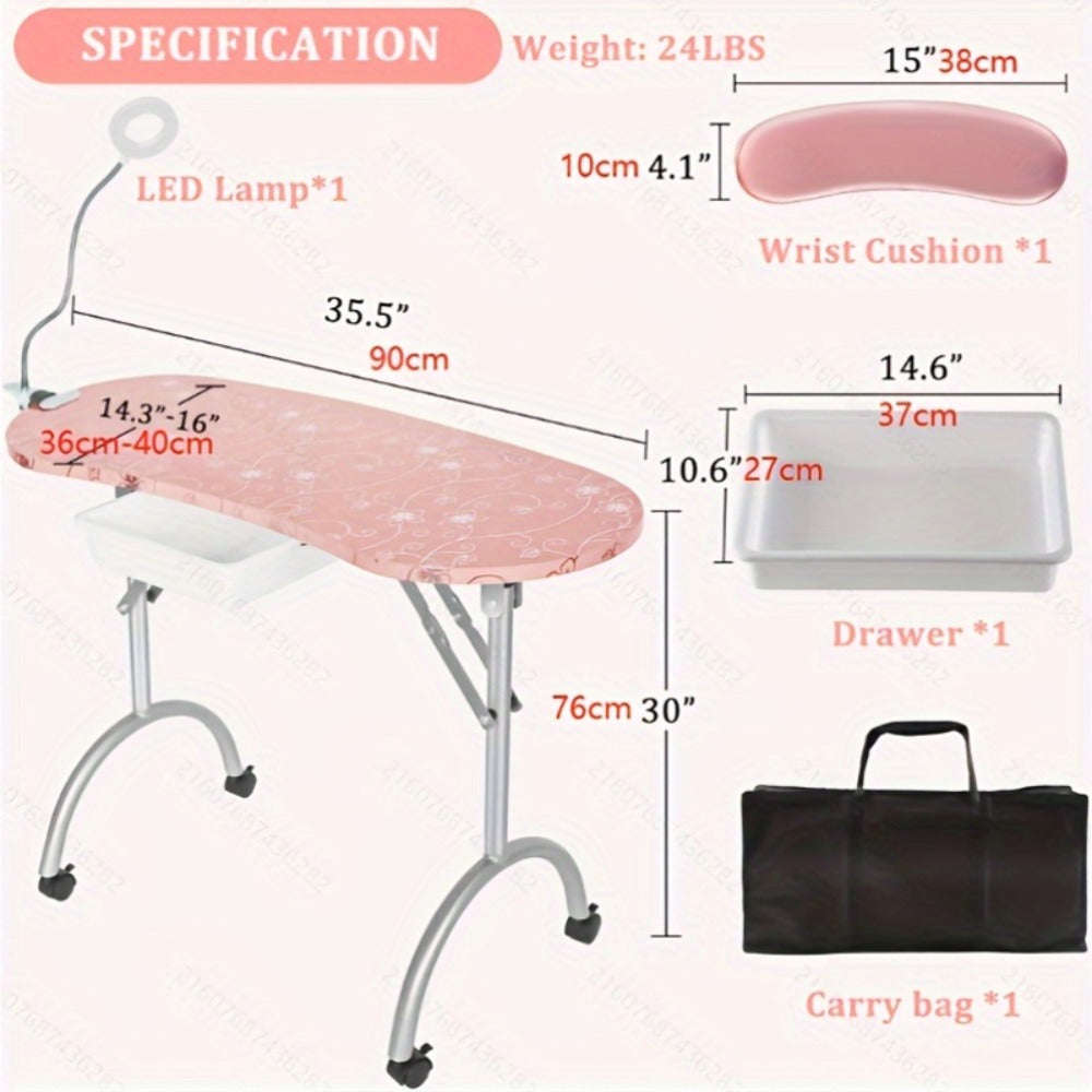 Foldable Nail Table with LED Lamp Drawer Lockable Wheels Wrist Cushion & Carrying Bag – Portable Manicure Station for Nail Salon Technician Home Studio White - product image 5