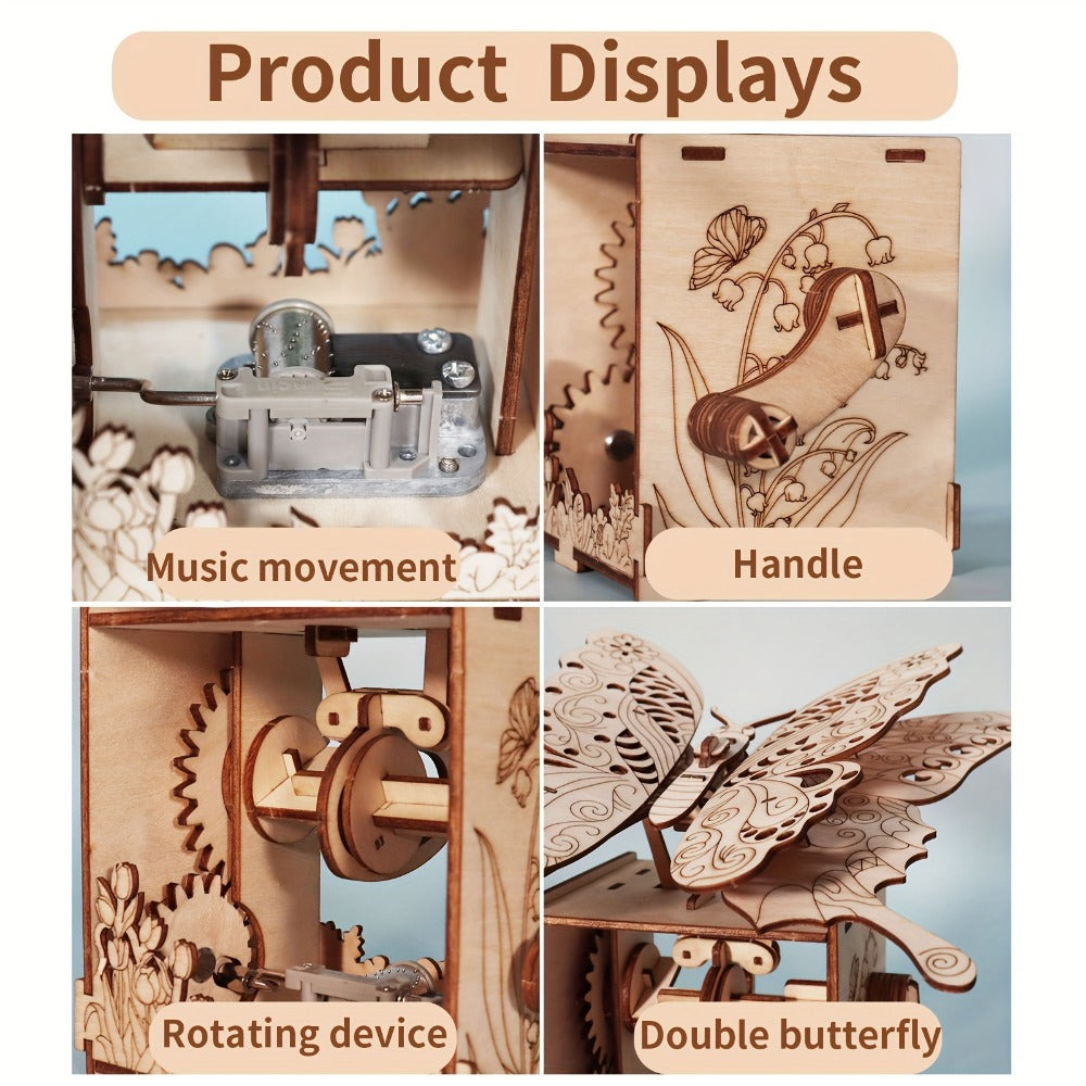 "You Are My Sunshine" Handmade Assembly Model Kit, Colour Butterfly & Music Box, Romantic Birthday Valentine's Day Christmas Gift for Women Girls – Wooden Butterfly Music Box Puzzle