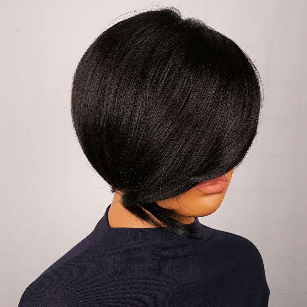 Pixie Cut Human Hair Wig with Bangs 8 Inch 200% Density Glueless | Side Part Layered Straight Rose Net Cap Throw On and Go | #1 #4 #99J Women Daily Party - product image 16