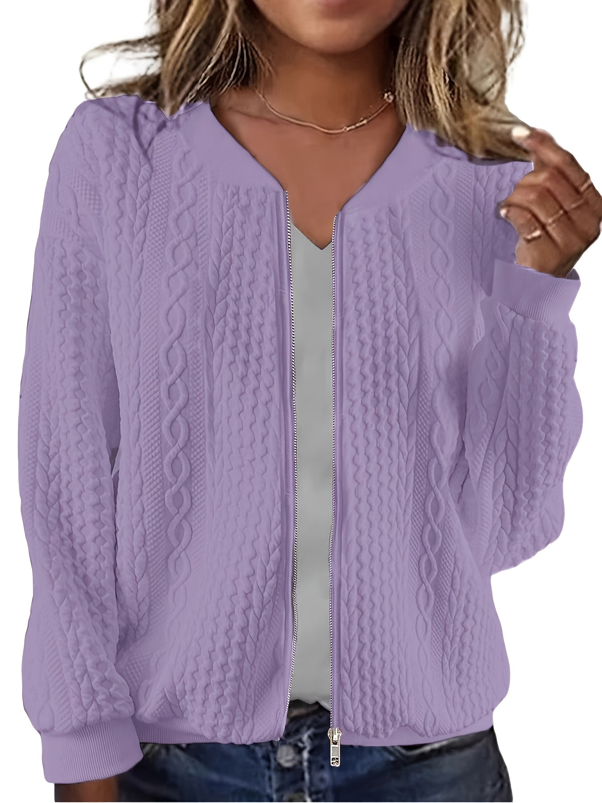 Plus Size, Plus Size Zip Up Textured Solid Jacket, Casual Long Sleeve Outerwear for Fall & Spring, Women's Plus Size Clothing - product image 6