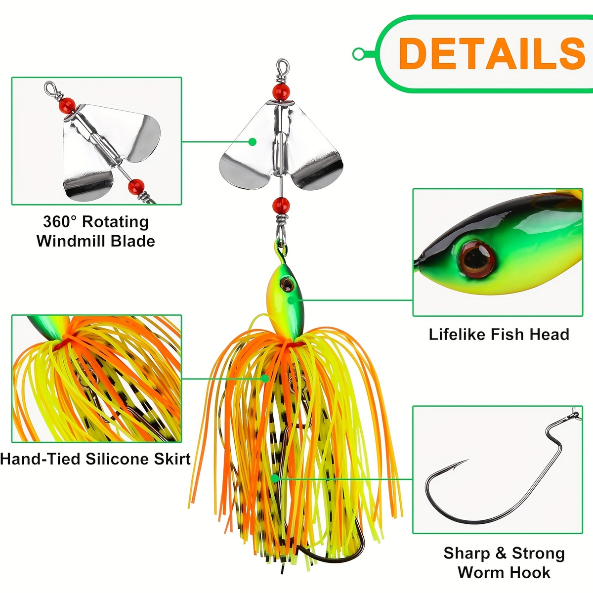 Spinnerbait Buzzbait Fishing Lures 6pcs 3/4oz Multicolor Bass Lure Set with 3D Eyes Rotating Blade Steel Wire Frame for Freshwater Saltwater Bass Trout Salmon - product image 4