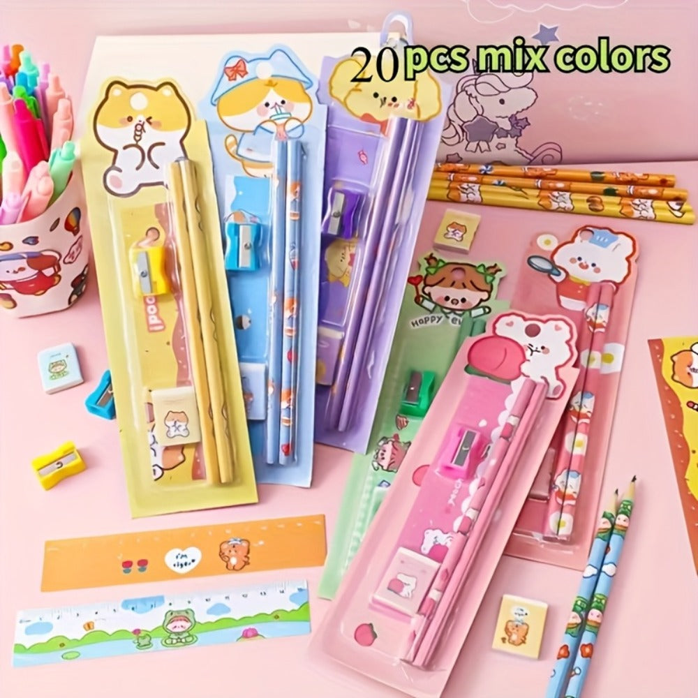 20-Piece Cartoon Pencil Stationery Set with Ruler Eraser Sharpener, Random Cartoon Styles, Kids School Supplies, Party Favor Prizes, Festival Gift Set for Students - product image