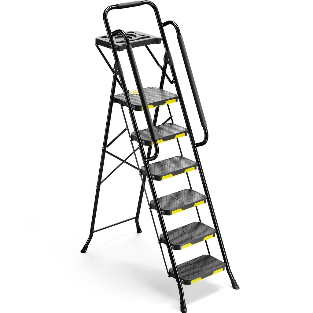 6 Step Ladder with Handrails & Tool Platform 800 LBS – Folding Step Stool Wide Pedal Steel Safety Ladder for Adults, Painting, Home, Garage & Outdoor Use – Auto Safety Lock, Compac - product image 14