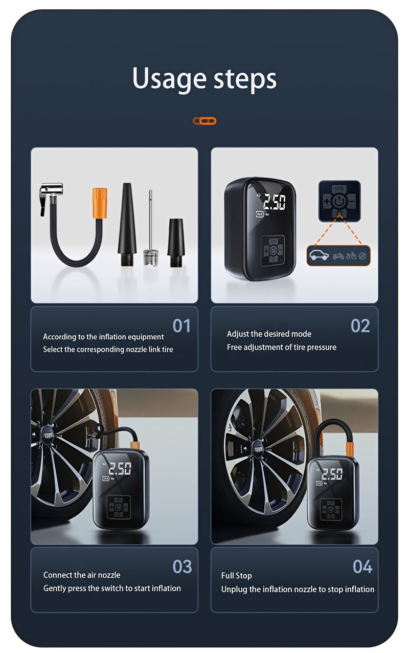 1pc Tire Inflator Portable Air Compressor, Fast Cordless Air Pump, Digital Display With Multi-function Nozzle Adapter and Long-lasting Lithium Battery For Car - product image 23