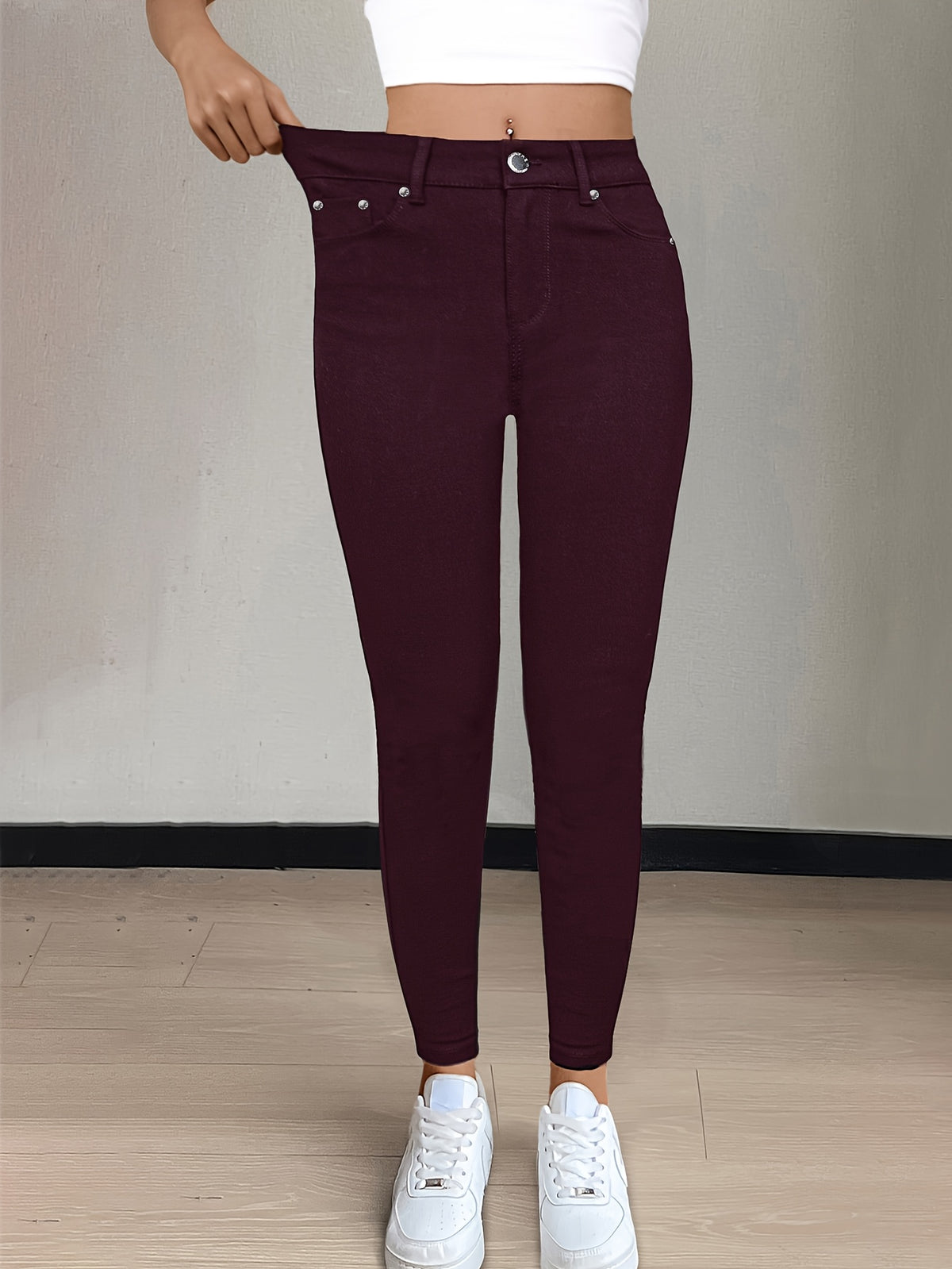 CY038 Full-Length Black High-Waist Skinny Jeans - Stretchy Fabric, Button Decor, Five Pockets, Long Style, Solid Color, Weekend Casual Streetwear - Ideal for - product image 33