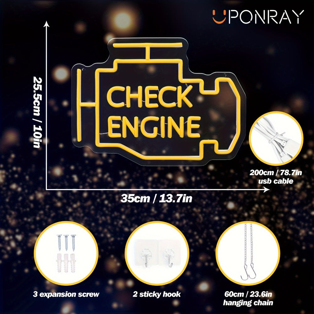 Check Engine Neon Sign – LED Dimmable USB Powered Neon Light for Garage Wall Decor, Car Repair Shop, Workshop, Man Cave, Game Room, Bedroom & Car Party Decorations (Yellow / Multi- - product image 4