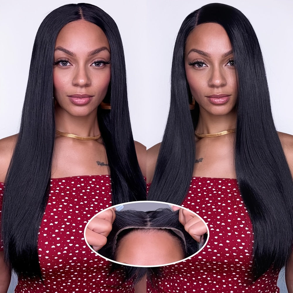 Put On and Go Wig 6x4.5 HD Lace Human Hair Straight 250% Density Glueless Pre-Plucked Pre-Cut Pre-Bleached Knots Long Straight Wig for Women 22-36 Inch Natural Black - product image 2