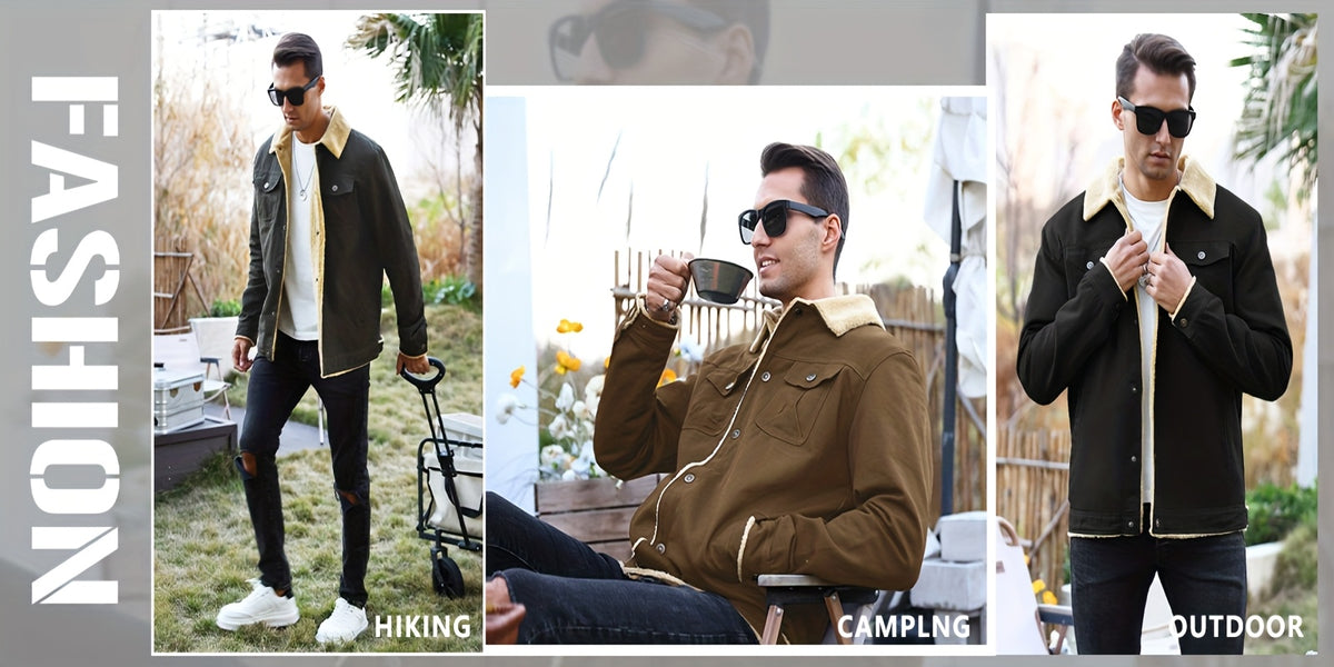 Men's Fashion Trendy Fleece-Lined Jacket, Casual Workwear Outerwear with Sherpa Collar, Button-Up, Multiple Pockets - product image 4