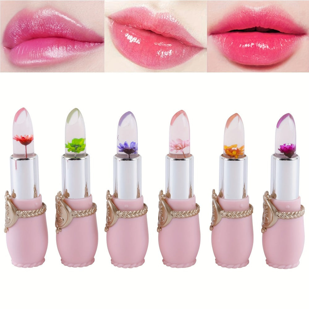 Color Changing Lip Balm Set 6PCS Flower Jelly Lipstick Thermostat Tinted Moisturizing Peach Flavor - Glossy Natural Look Lip Care Gift for Women Girls Pink Black - product image