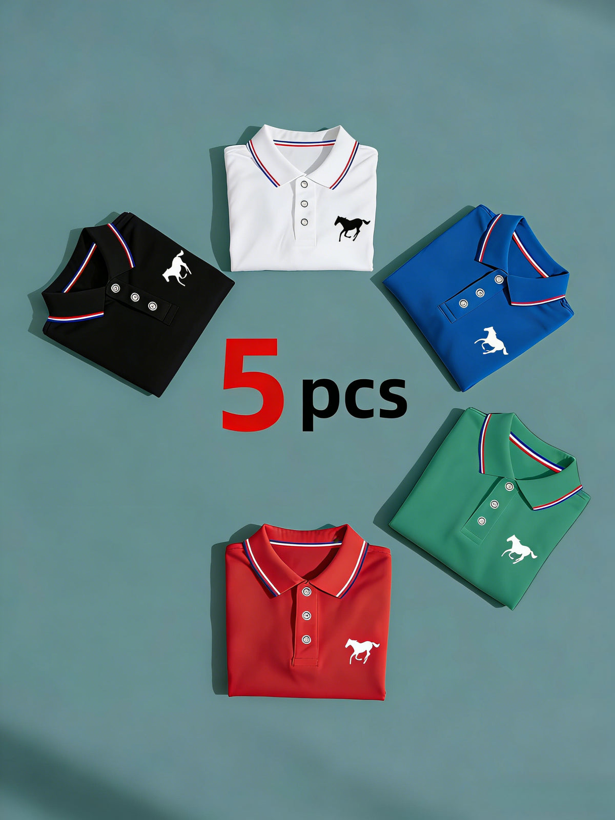 5pcs Men's Polo Shirt Set | Casual Fashion Loungewear | Solid Short Sleeve with Horse Print | Contrast Collar | Breathable Daily/Golf Shirt | Multiple Colors - product image 5
