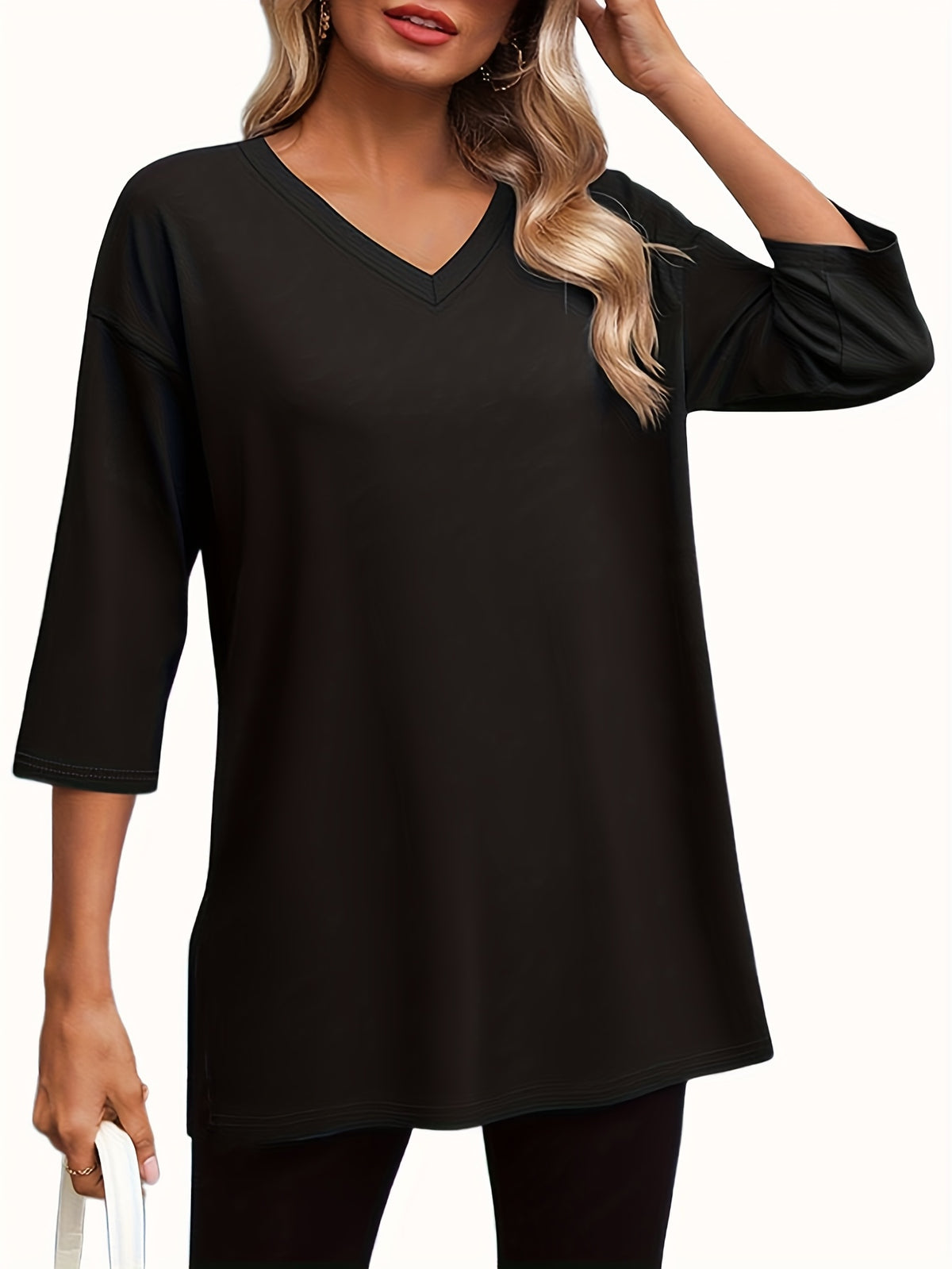 Three-piece Women's Fashion Large 3/4 Sleeve Top, V-neck y Casual Side-slit Shirt, Loose Basic Seven-quarter Sleeve T-shirt - product image 4