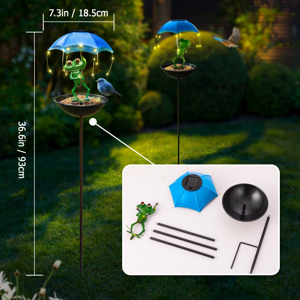 Solar Garden Decor Frog with Umbrella LED Light – Iron Frog Outdoor Statue with Solar Powered LED | Bird Feeder Garden Ornament for Patio, Lawn, Pathway & Deck | Unique Valentine G - product image 3