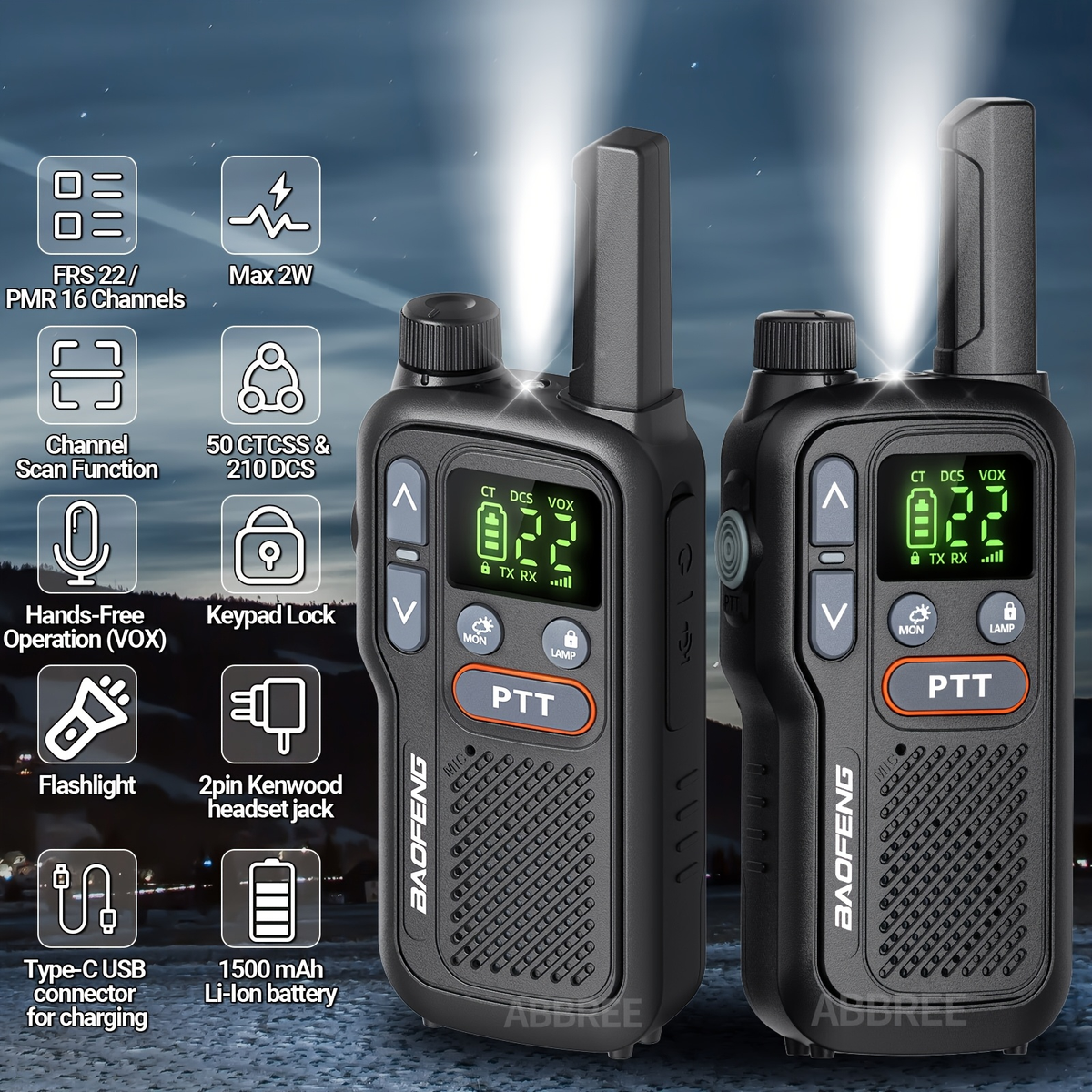FRS Two Way Radio Rechargeable | BAOFENG BF-T18 Walkie Talkies Long Range with NOAA Weather Alert | VOX Hands-Free | 1500mAh USB-C Battery | LED Flashlight - product image 5