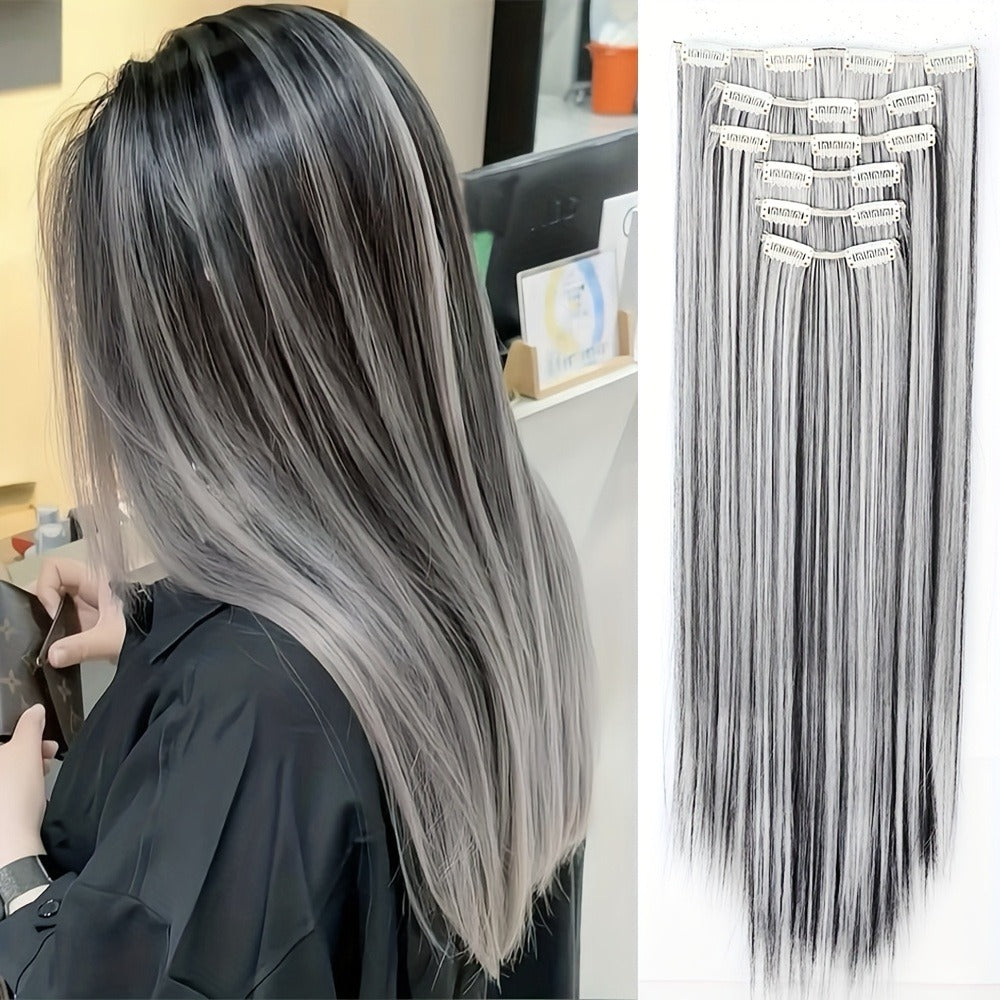Clip In Hair Extensions Synthetic 6pcs 24 Inch Black Gray Heat Resistant Volume Boosting Hairpiece for Women Daily Wear Halloween Costume Party Cosplay - product image