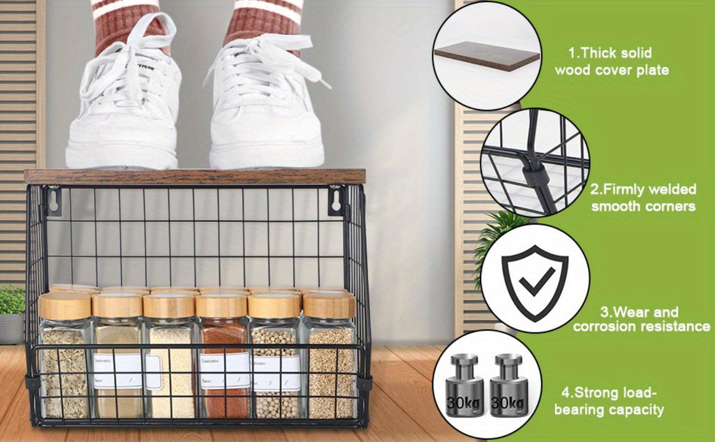 Stackable Metal Wire Fruit Basket with Lid – 1 or 2-Tier Hanging Kitchen Pantry Storage Bin, Wall-Mounted or Countertop Vegetable Organizer for Potato, Onion & Produce, Black - product image 15