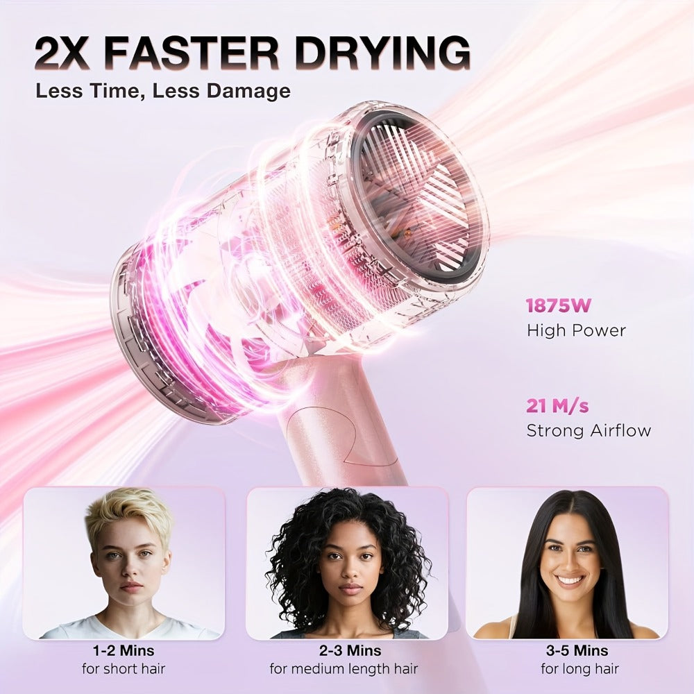 1875W Ionic Travel Hair Dryer Foldable with Diffuser & Concentrator Nozzle — Brushless Motor, 3 Heat Settings, 2 Speeds, Fast Drying Compact Blow Dryer for All Hair Types, Pink or  - product image 2