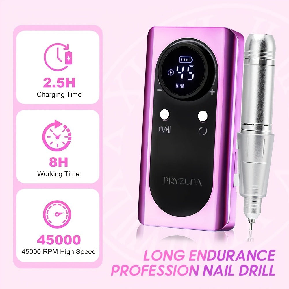 Nail Drill Machine 45000 RPM Brushless Motor 10-Hour Battery Electric Nail File with LCD Smart Screen 6 Drill Bits 6 Sanding Bands – Forward Reverse Low Noise Nail Grinder for Gel  - product image 4