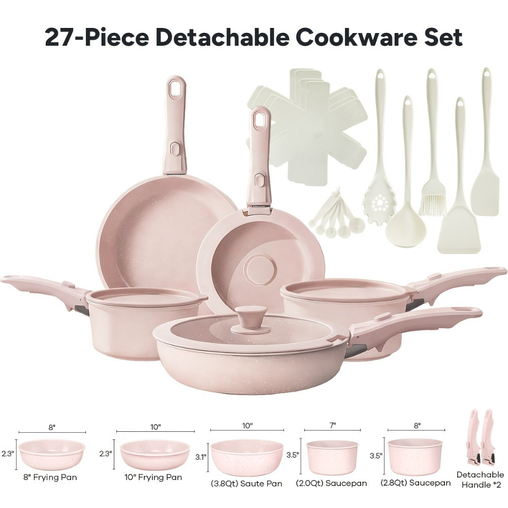 Nonstick Cookware Set 23 & 27 Piece with Removable Handles – Induction Oven Dishwasher Safe Pots and Pans | Non-Toxic Frying Pans Saucepans Space-Saving Kitchen Cooking Set in Beig - product image 2