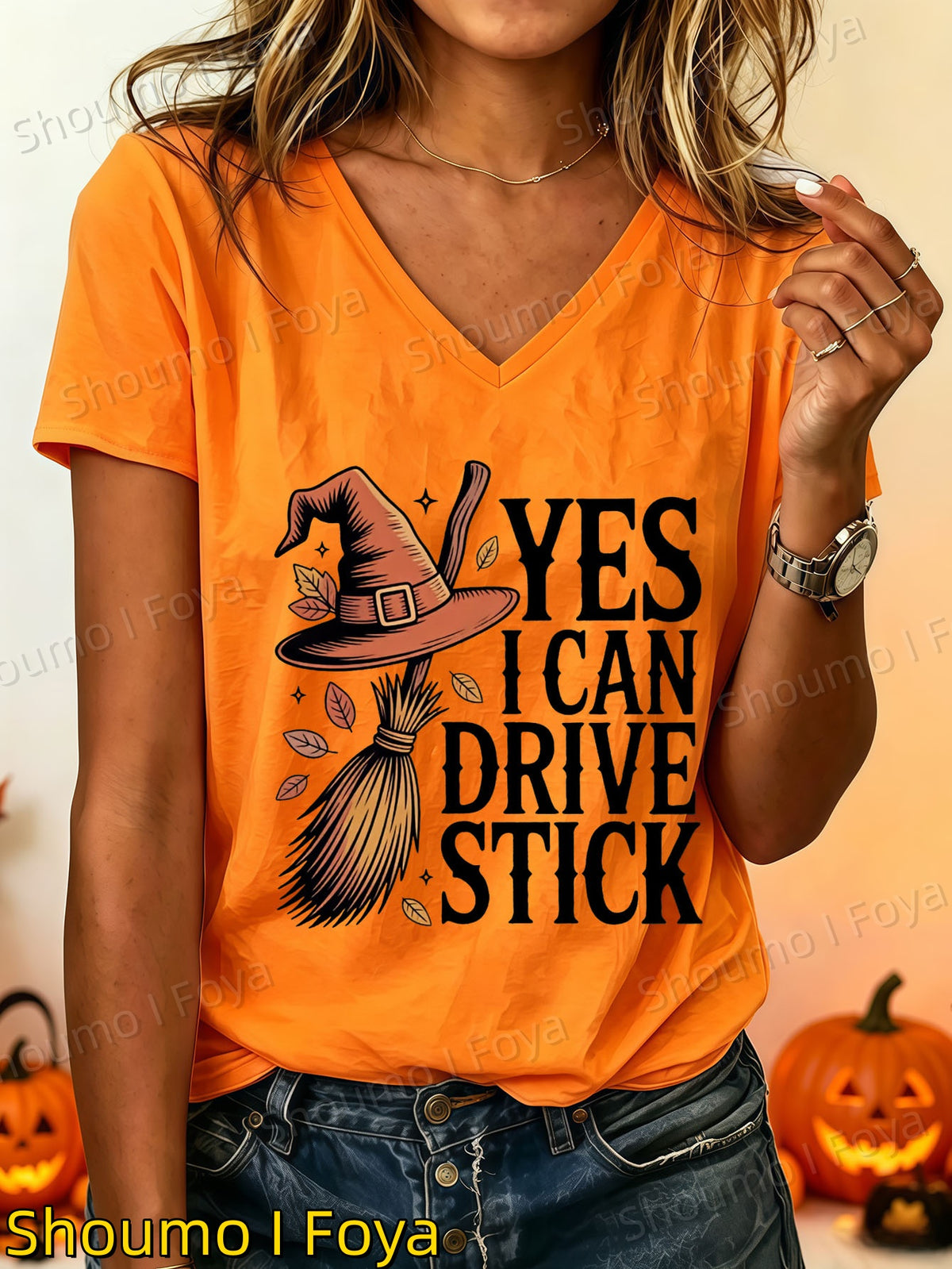 Halloween-themed Printed V-neck Short-sleeve Top, Witch Hat and Broom Print V-neck Short-sleeve Top, Women's Summer Clothing, Women's V-neck Top, Women's - product image 3