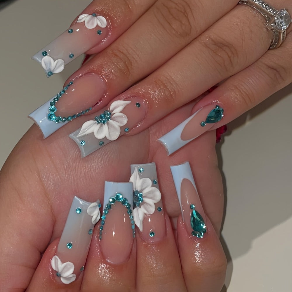 Long Ballerina Press On Nails 96 Pieces 4 Packs + 4 Bracelets Gift Set – Blue Gradient 3D Flower Butterfly Rhinestone Glossy Full Cover False Nails & Beaded Bangles for Women Girls - product image 12