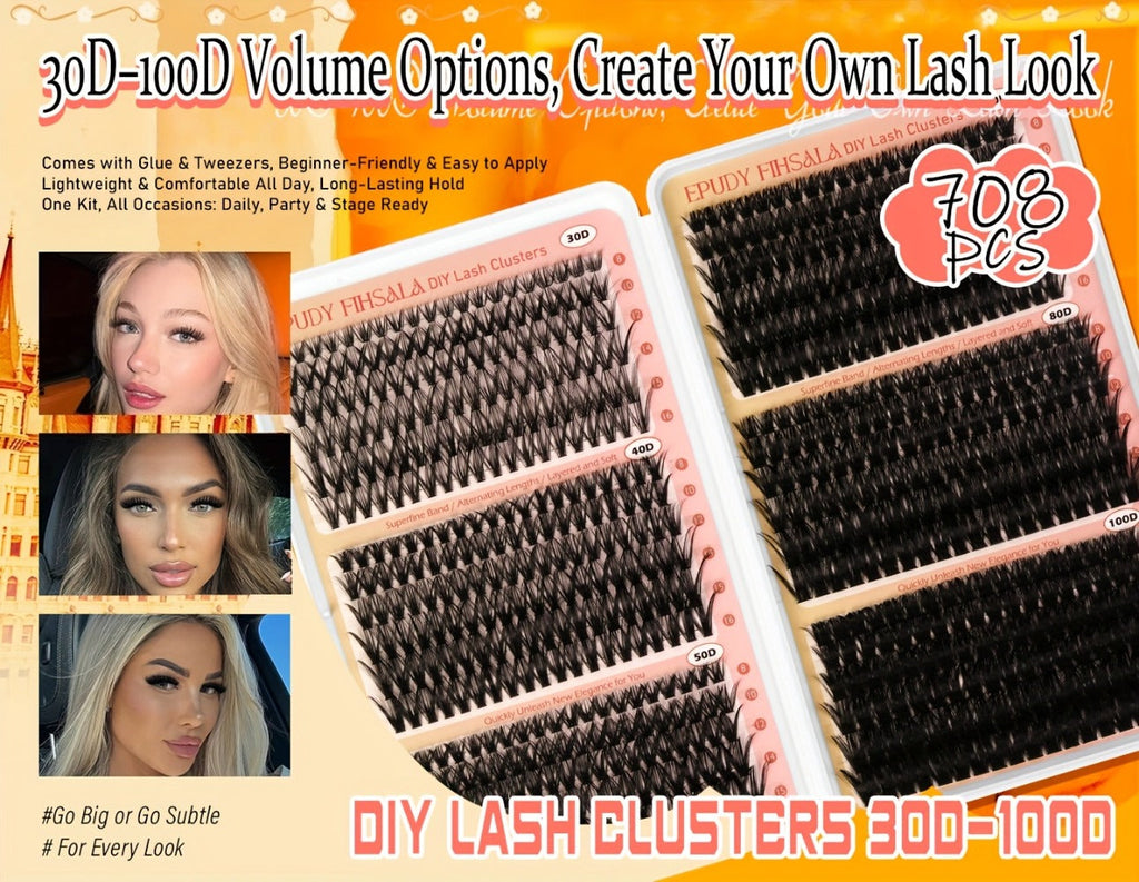 708Pcs Mixed Density Lash Clusters Kit 8-16mm 30D-100D Mega Volume with Glue Tweezers & Brush – Soft Reusable DIY Cluster Lashes for Natural to Dramatic Salon-Style Eye Makeup at H - product image 9