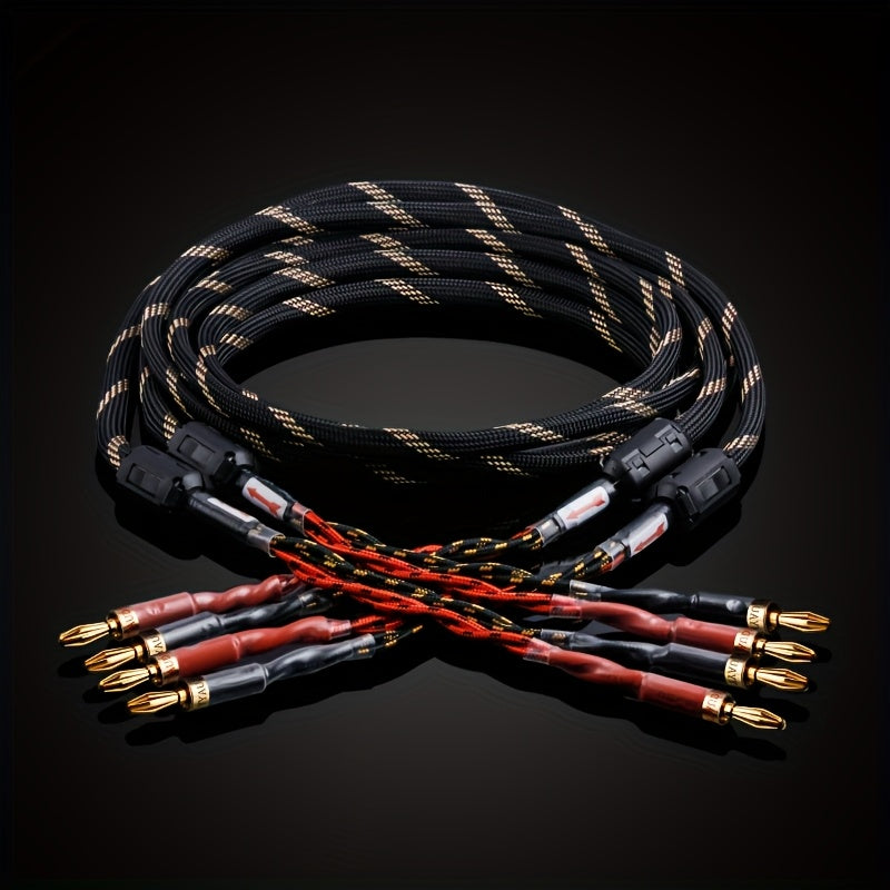 YYAUDlO Premium HlFi Speaker Cables - 1 Pair, High-End OCC Composite Cables for Hi-Fi Systems & Banana Plug Speakers, Black with Red/White Stripes, Male to Male Connector