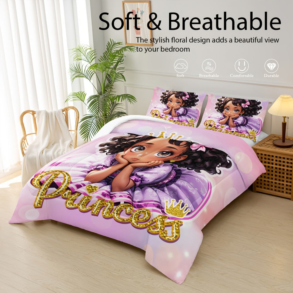 Comforter Set Queen Pink Princess Bedding Set 3 Piece Cute Floral Printed Bed Comforter with 2 Pillow Cases Soft Breathable Polyester All Season Bedding for Home Dorm Bedroom Decor - product image 2