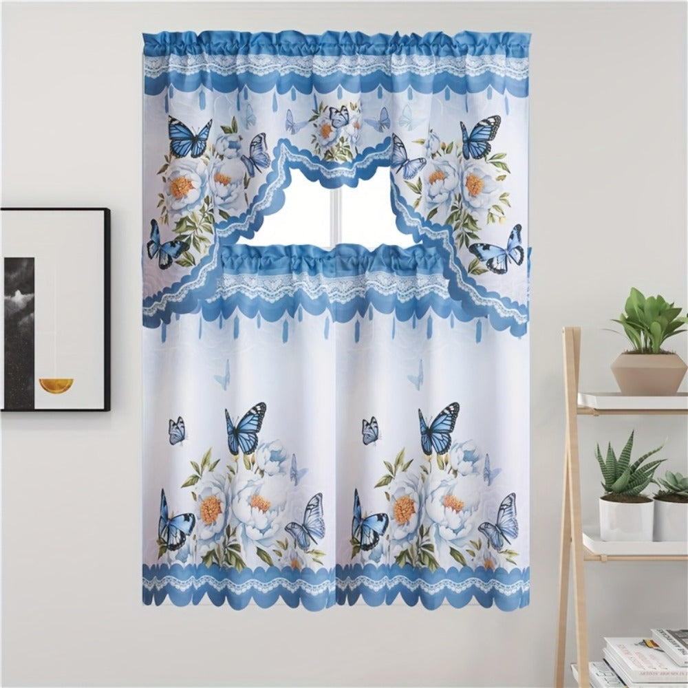 Blackout Kitchen Curtains 3-Piece Set with Butterfly Floral Print - Rod Pocket Window Curtains for Kitchen, Living Room, Bedroom, Bathroom & Restaurant, Polyester Fabric, Machine W - product image 2