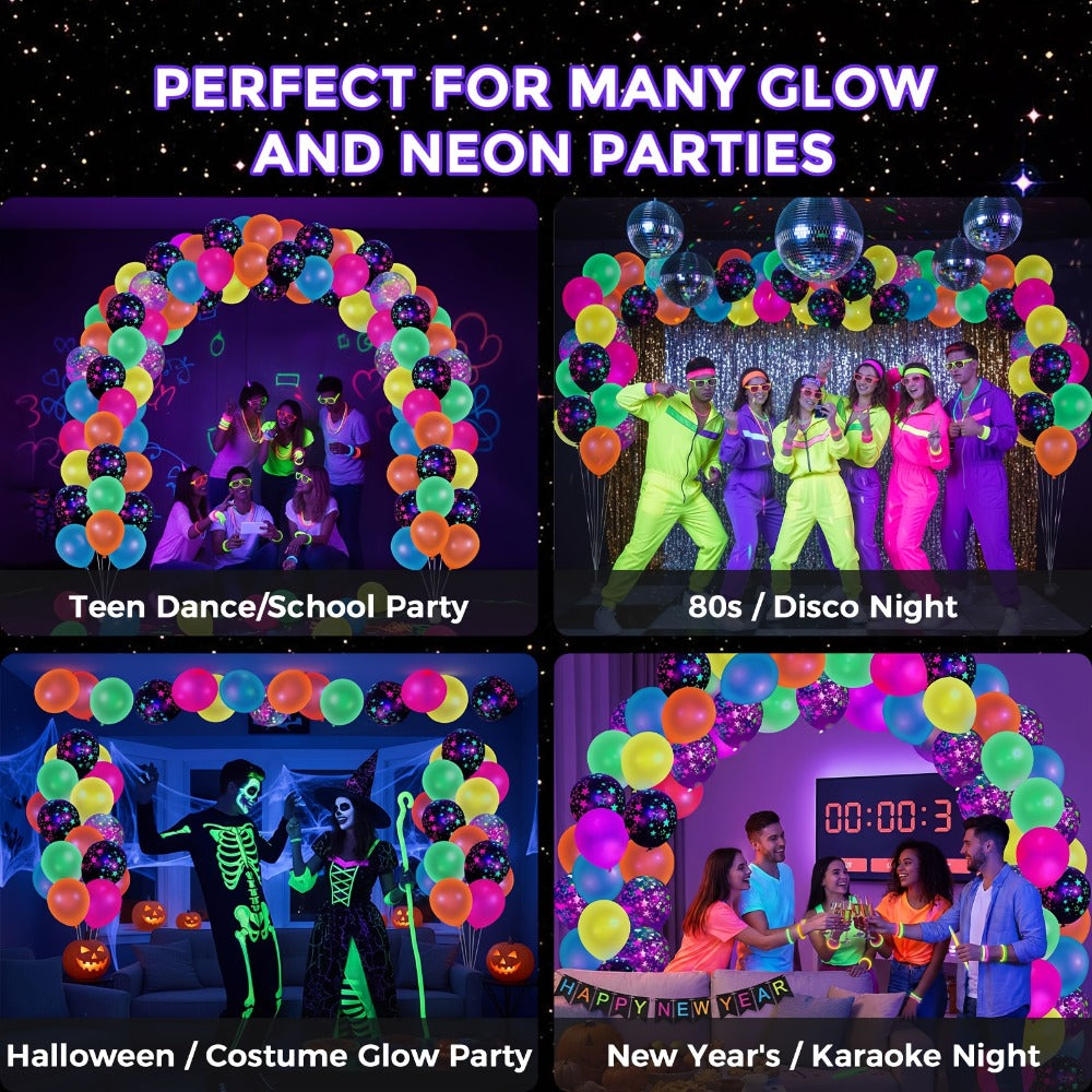 UV Neon Glow Balloons 42 Pcs Assorted | 12 Inch Blacklight Fluorescent Glow in the Dark Balloons with Neon Stars for Glow Party, Birthday, Wedding & Halloween Decorations