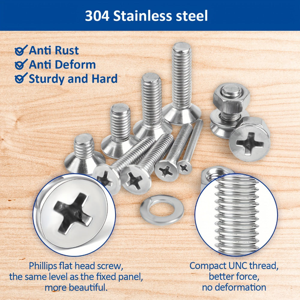 1575pcs 304 Stainless Steel Nuts and Bolts Assortment Kit – Pan Head Flat Head Screws Nuts Washers with Double-Sided Storage Box for Home & Mechanical Repairs - product image 12