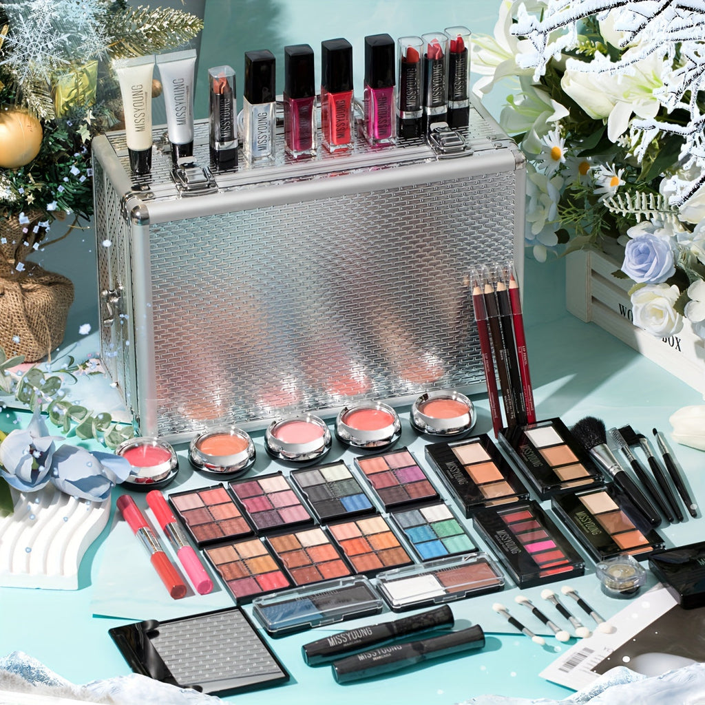 Professional Makeup Kit with Aluminum Travel Case & Mirror – Full Set Eyeshadow Blush Lipstick Foundation Eyeliner Mascara & Brushes, Gift for Women Girls Beginners, Silver & Red - product image 6