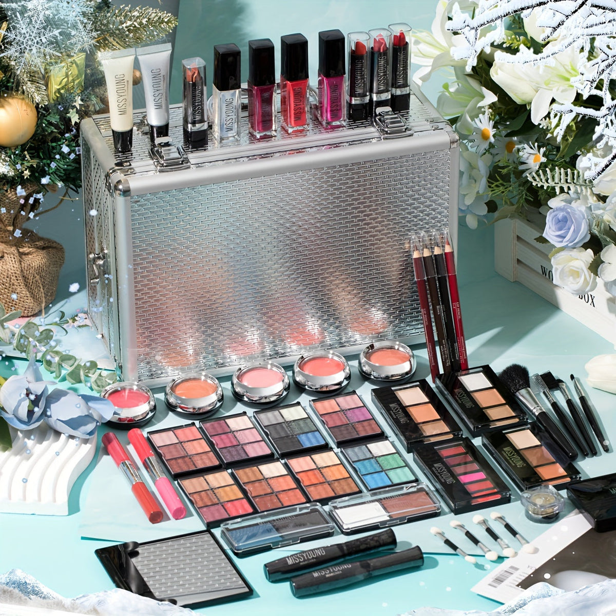 Professional Makeup Kit with Aluminum Travel Case & Mirror – Full Set Eyeshadow Blush Lipstick Foundation Eyeliner Mascara & Brushes, Gift for Women Girls Beginners, Silver & Red - product image 6