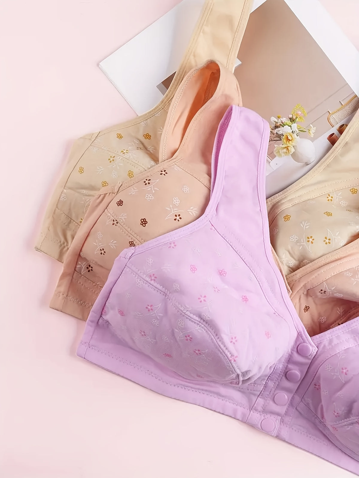 3pcs Plus Size Printed Front-Closure Bra Set Elegant Full-Cup Wire-Free Comfort Bras Women's Lingerie & Underwear Sets Everyday Bras Fashion Underwear - product image 25