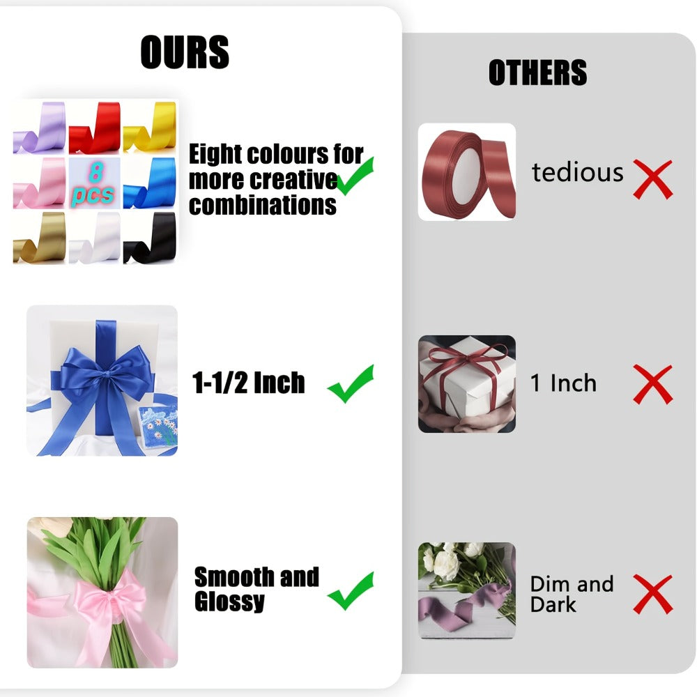 Satin Ribbon 1.5 Inch Wide – 8 Rolls 200 Yards Assorted Colors, Solid Color Silk Ribbon for Gift Wrapping, Hair Bows, Wedding, Party, Christmas & DIY Crafts - product image 2