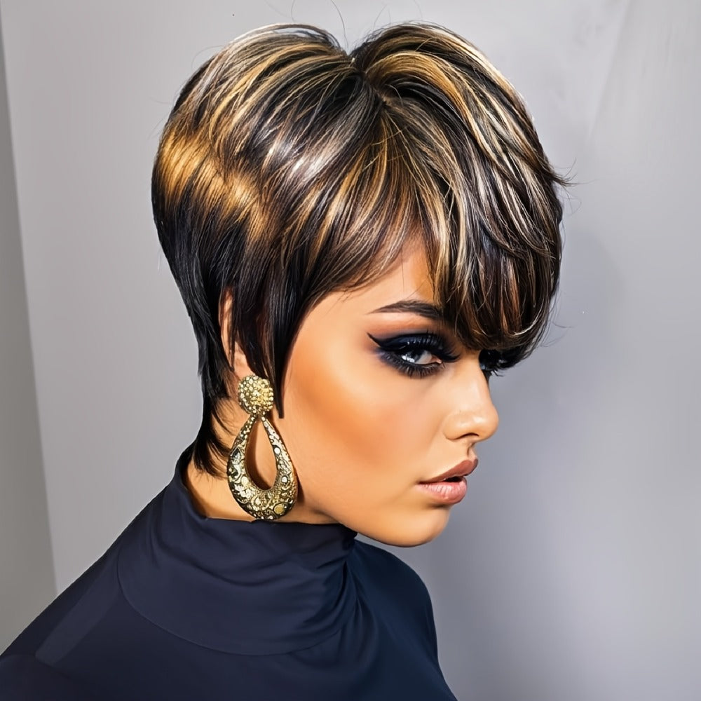 Short Pixie Cut Wig with Bangs Black Blonde Layered 4 Inch Rose Net Cap | Brown Blonde Mix Synthetic Wig for Black Women Daily Wear Office Party - product image 2